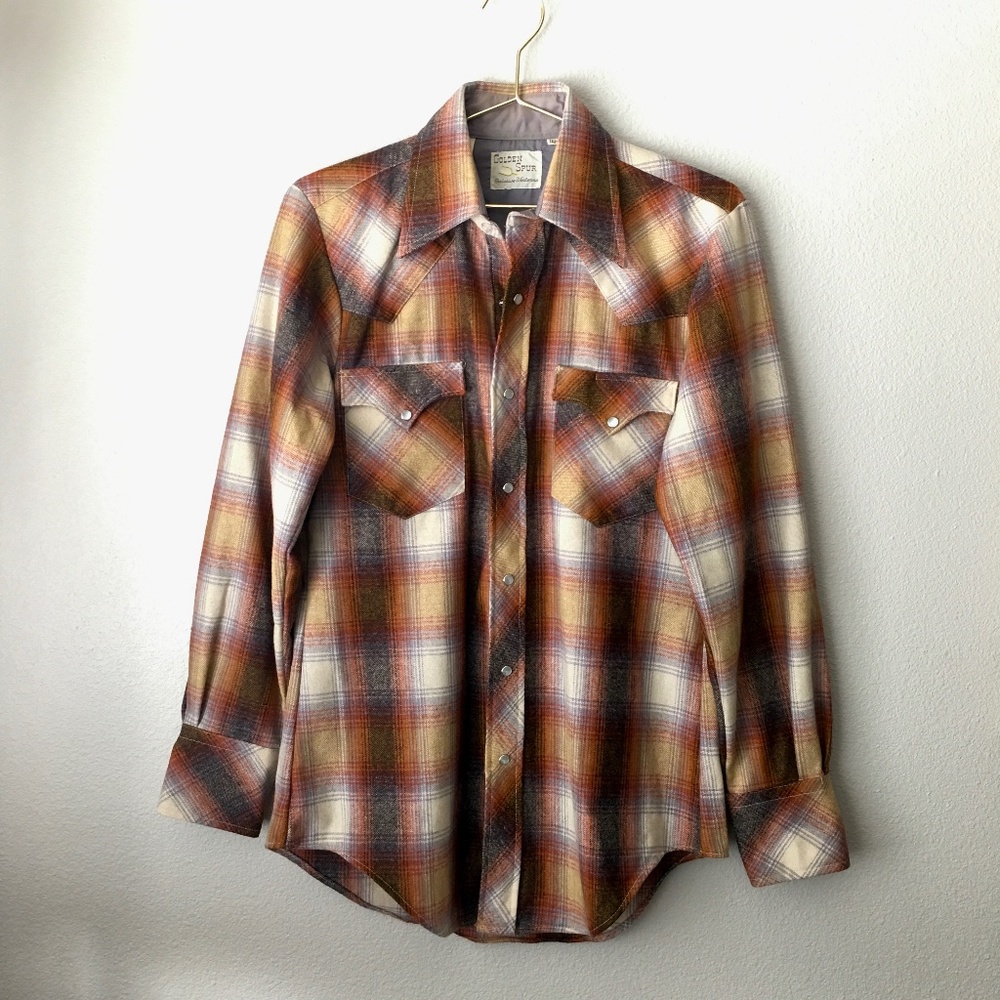 Golden Spur Men's Plaid Vintage Pearl Snap Button Shirt